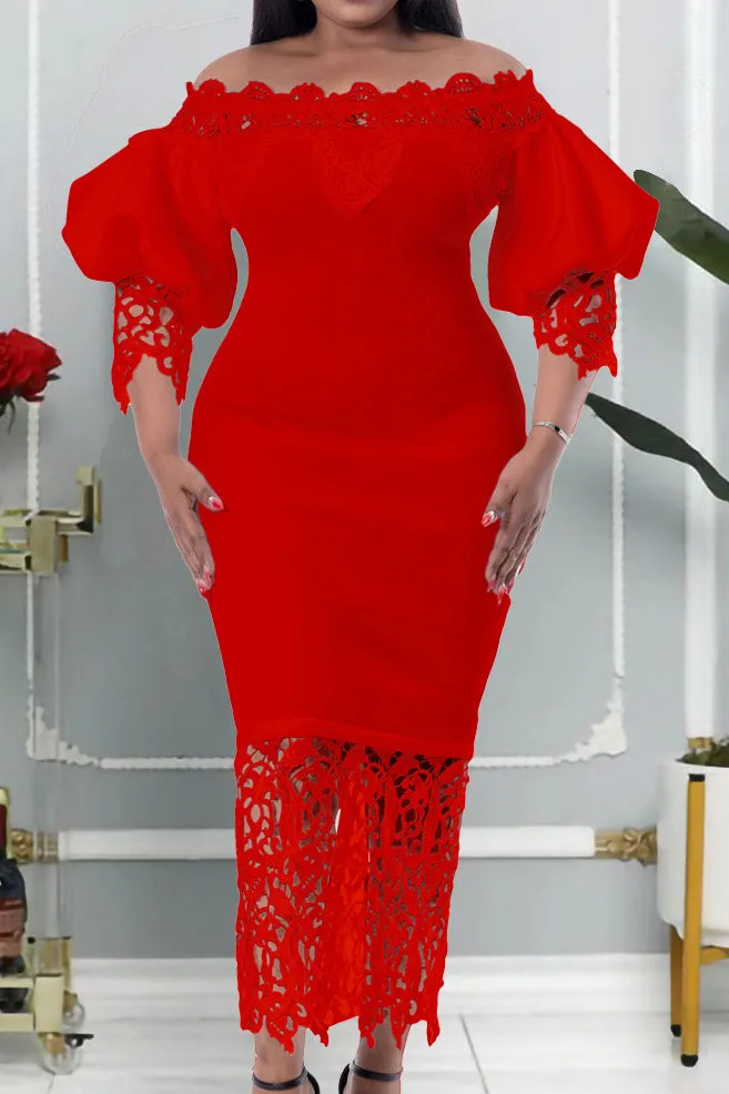 Red Off Shoulder Midi Cocktail Party Dress