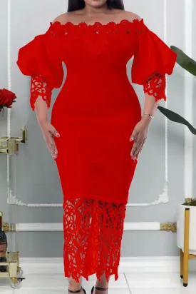 Red Off Shoulder Midi Cocktail Party Dress