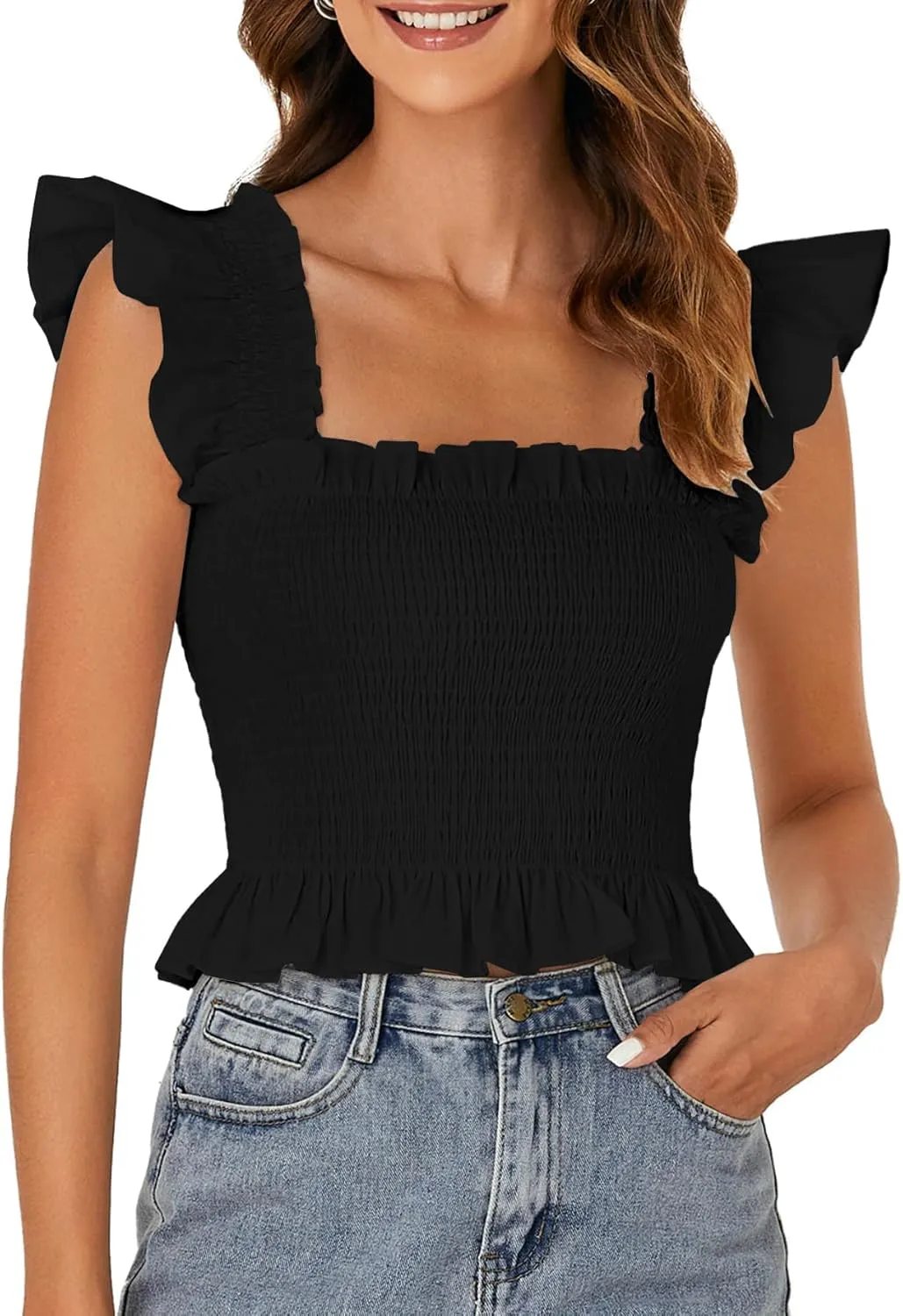 Rooscier Women's Square Neck Smocked Ruffle Cap Sleeve Cami Peplum Top