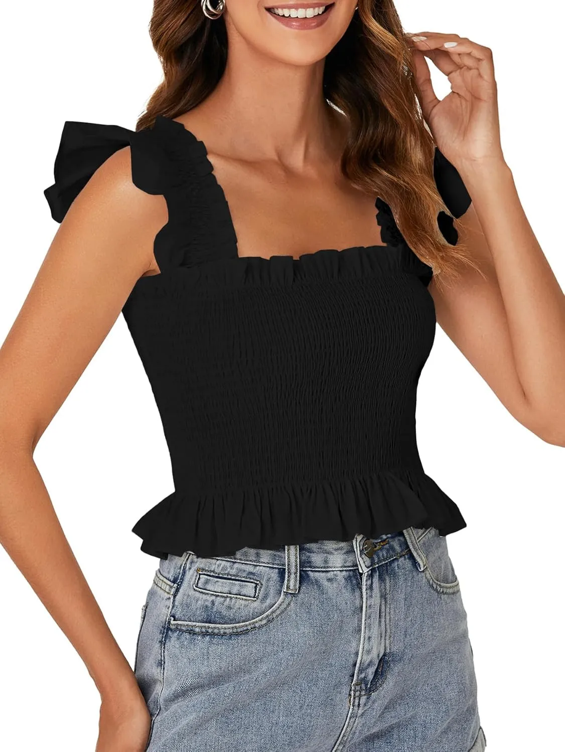 Rooscier Women's Square Neck Smocked Ruffle Cap Sleeve Cami Peplum Top