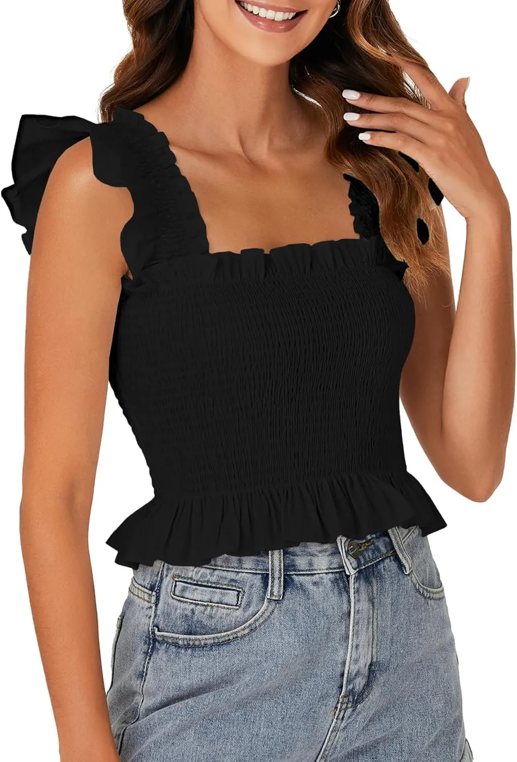 Rooscier Women's Square Neck Smocked Ruffle Cap Sleeve Cami Peplum Top