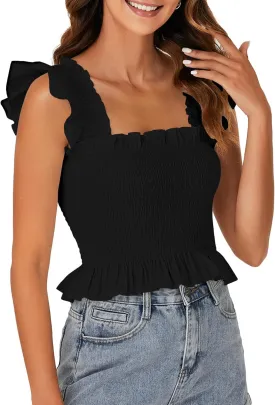 Rooscier Women's Square Neck Smocked Ruffle Cap Sleeve Cami Peplum Top