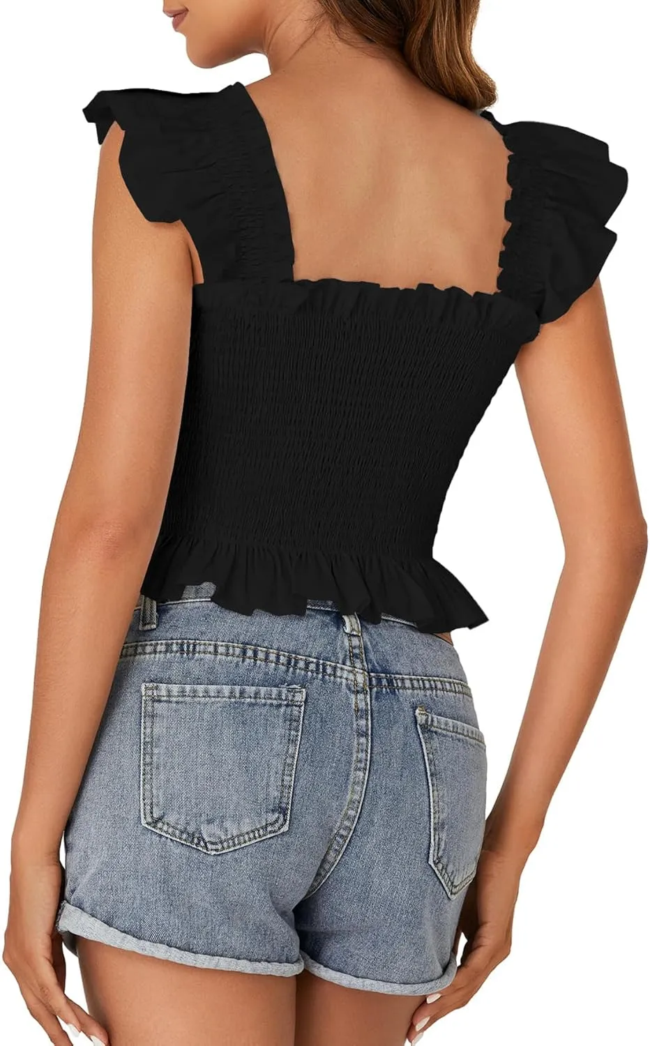 Rooscier Women's Square Neck Smocked Ruffle Cap Sleeve Cami Peplum Top