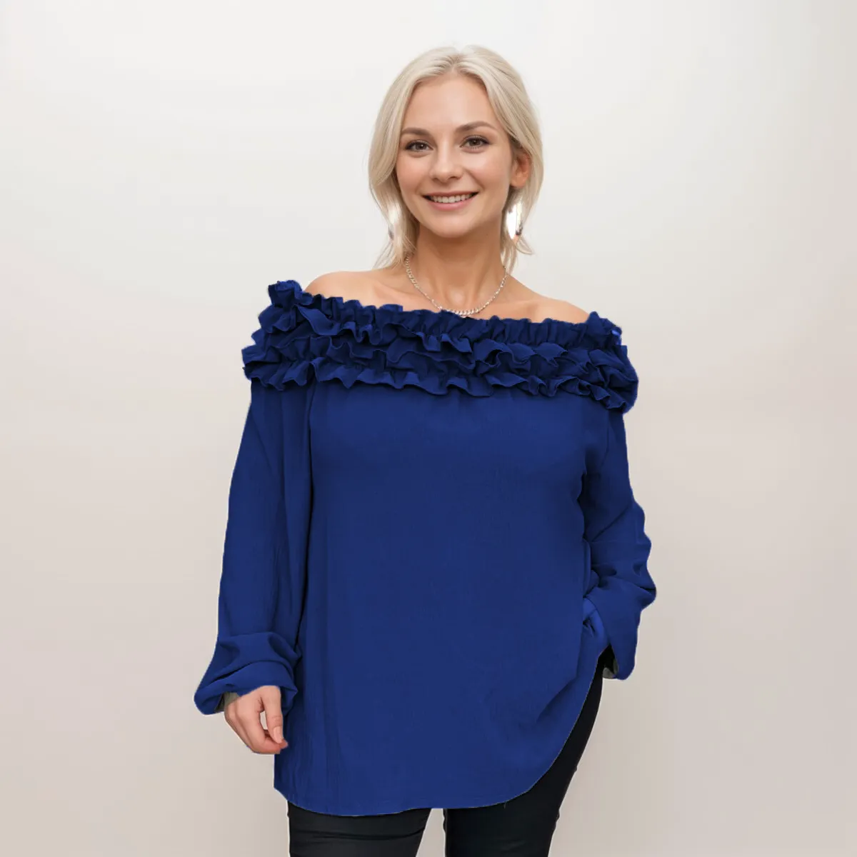 RUFFLED NECK OFF SHOULDER LONG SLEEVE TOP BLOUSE