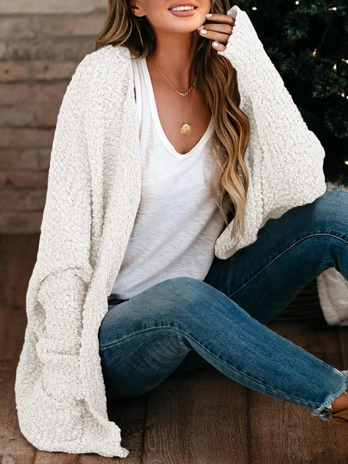 Saodimallsu Women's Chunky Popcorn Cardigan Oversized Open Front Boyfriend Batwing Long Sleeve Fuzzy Knit Sweaters