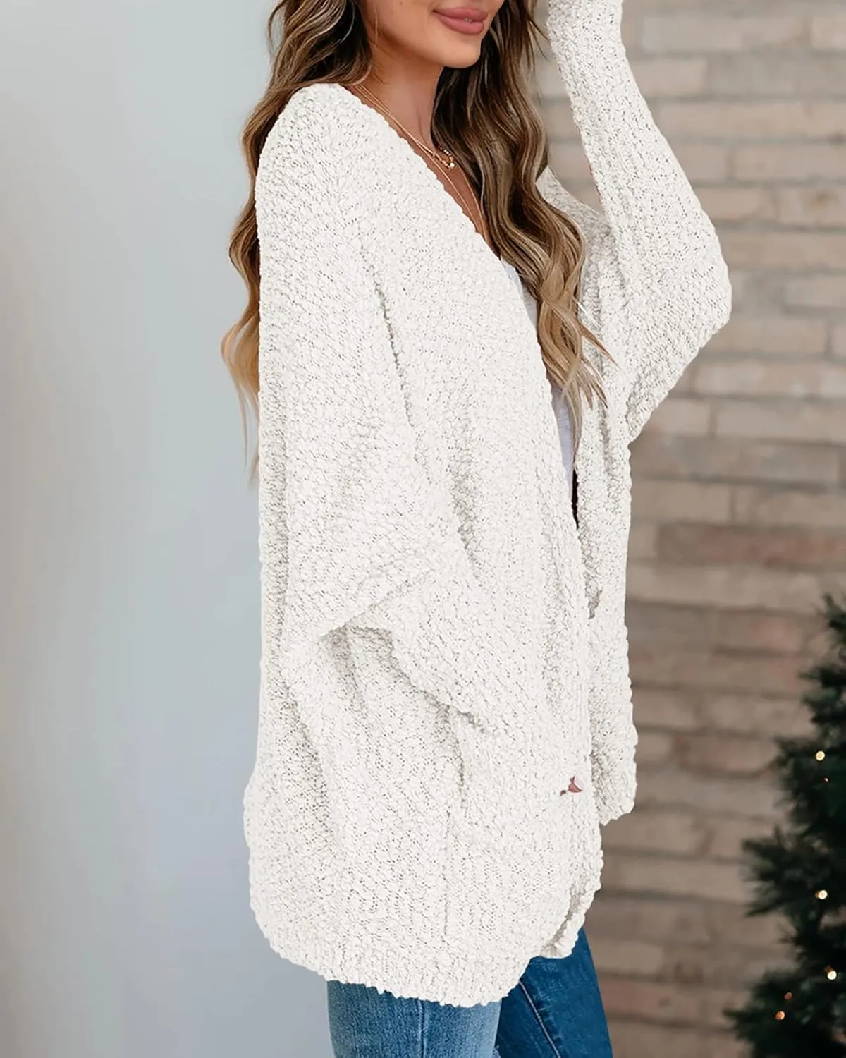 Saodimallsu Women's Chunky Popcorn Cardigan Oversized Open Front Boyfriend Batwing Long Sleeve Fuzzy Knit Sweaters