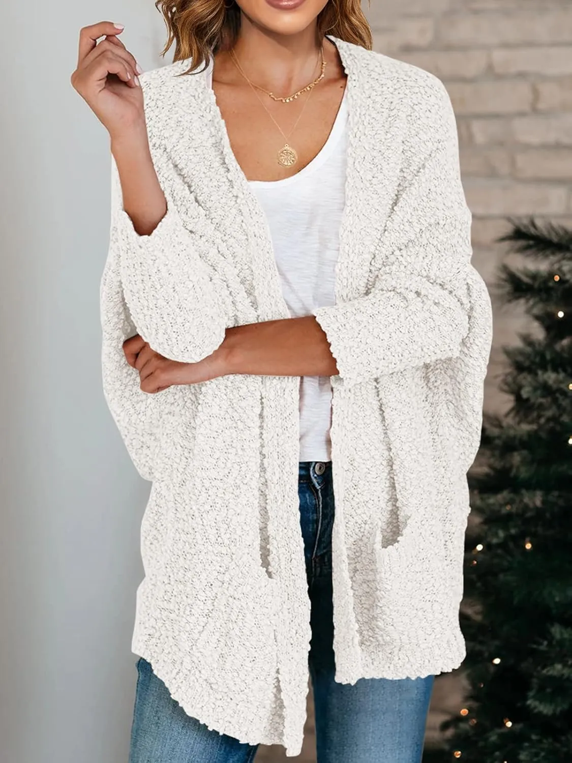 Saodimallsu Women's Chunky Popcorn Cardigan Oversized Open Front Boyfriend Batwing Long Sleeve Fuzzy Knit Sweaters