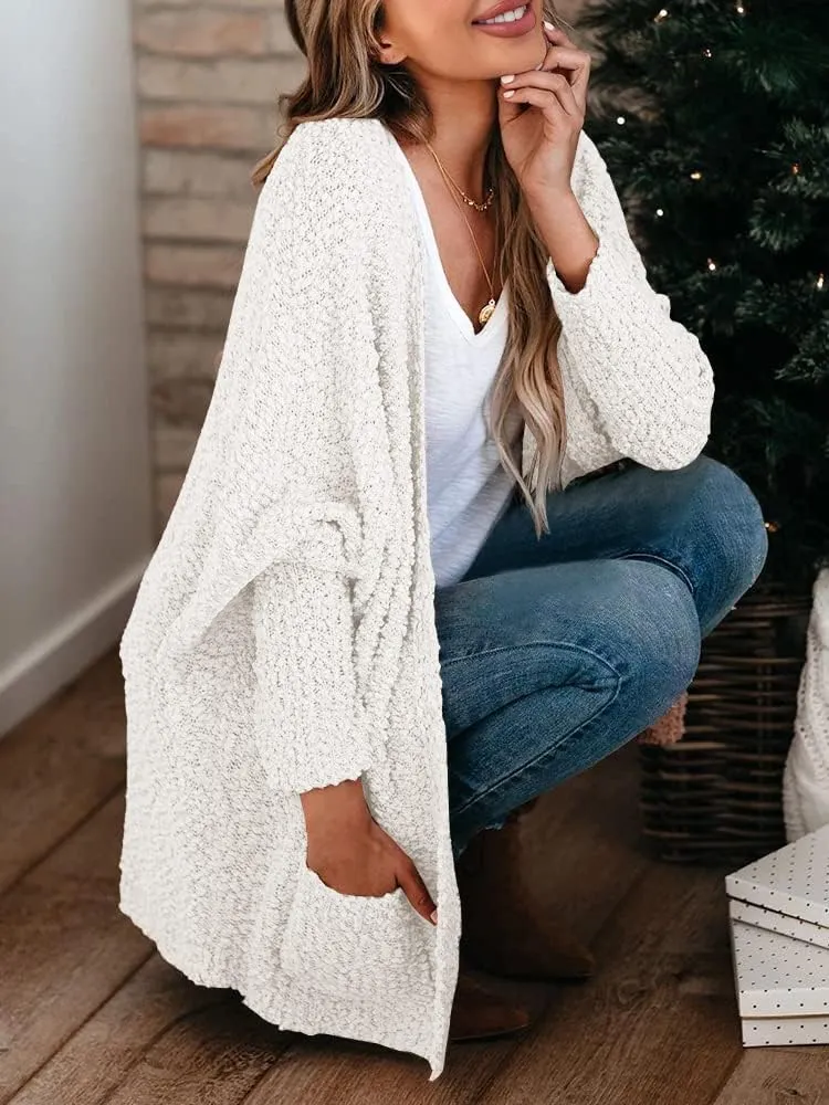 Saodimallsu Women's Chunky Popcorn Cardigan Oversized Open Front Boyfriend Batwing Long Sleeve Fuzzy Knit Sweaters