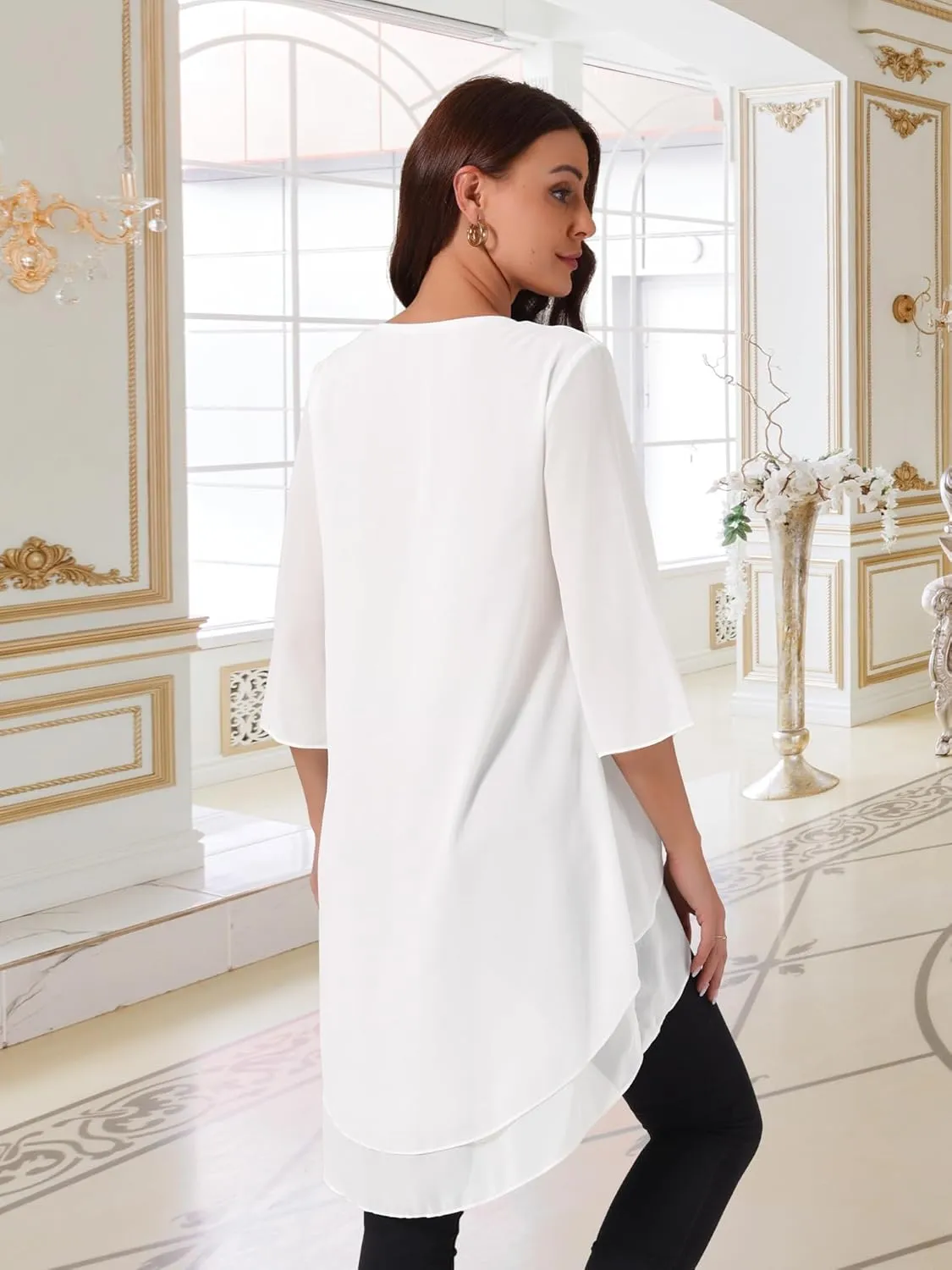 Seta T Women's High Low Tops Scoop Neck Chiffon Blouse Asymmetrical Loose Shirt 3/4 Sleeve Casual Summer Tops