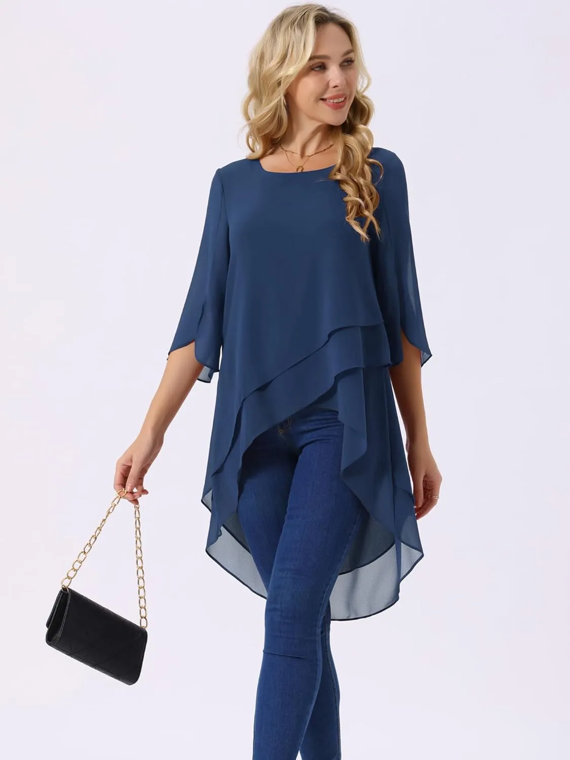 Seta T Women's High Low Tops Scoop Neck Chiffon Blouse Asymmetrical Loose Shirt 3/4 Sleeve Casual Summer Tops