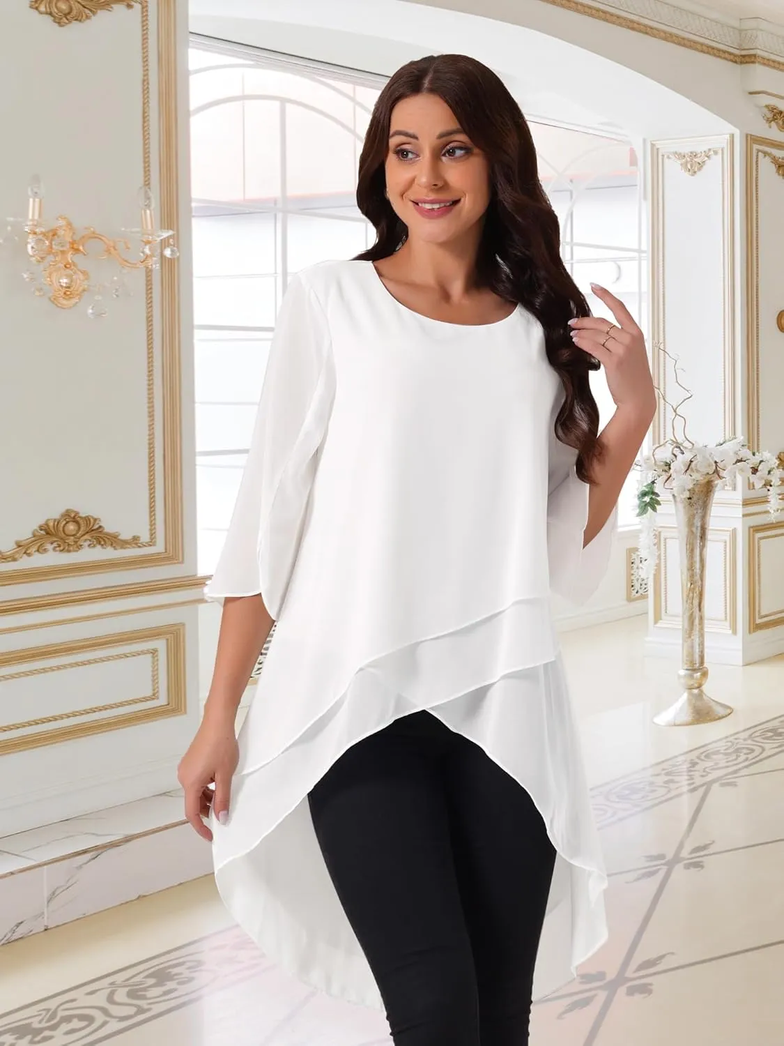 Seta T Women's High Low Tops Scoop Neck Chiffon Blouse Asymmetrical Loose Shirt 3/4 Sleeve Casual Summer Tops
