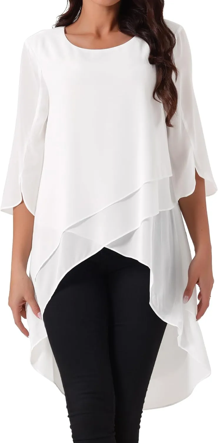 Seta T Women's High Low Tops Scoop Neck Chiffon Blouse Asymmetrical Loose Shirt 3/4 Sleeve Casual Summer Tops