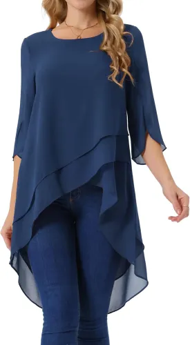 Seta T Women's High Low Tops Scoop Neck Chiffon Blouse Asymmetrical Loose Shirt 3/4 Sleeve Casual Summer Tops