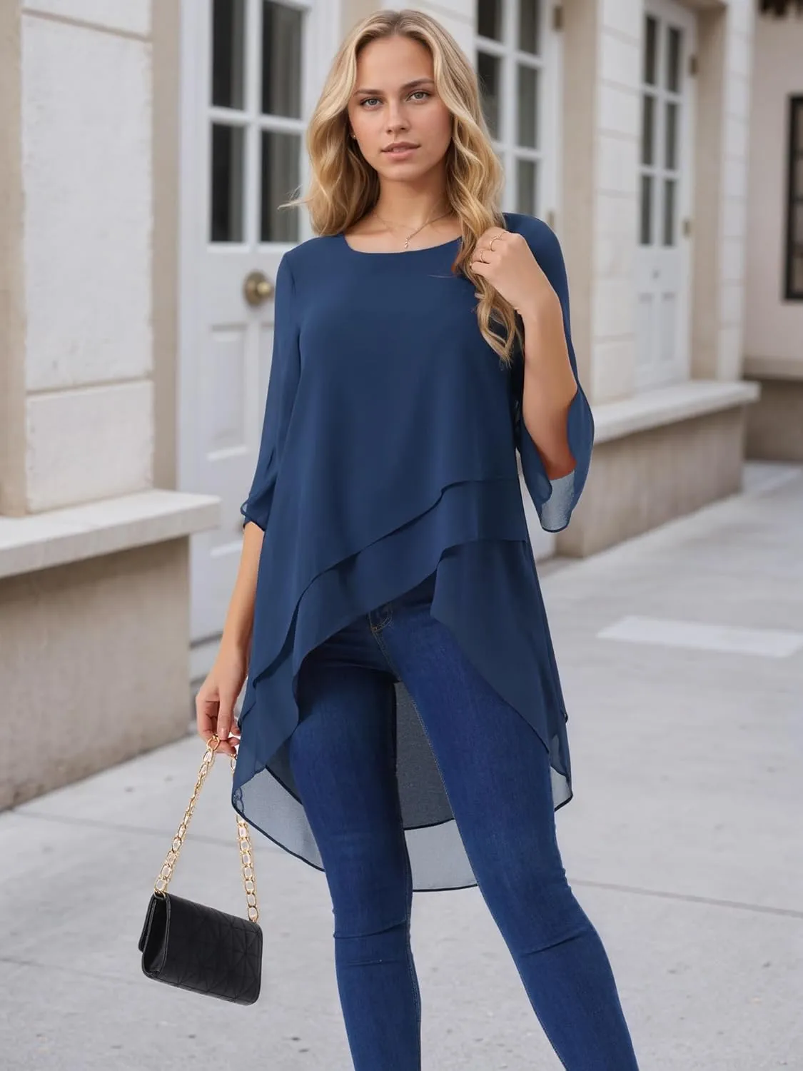 Seta T Women's High Low Tops Scoop Neck Chiffon Blouse Asymmetrical Loose Shirt 3/4 Sleeve Casual Summer Tops