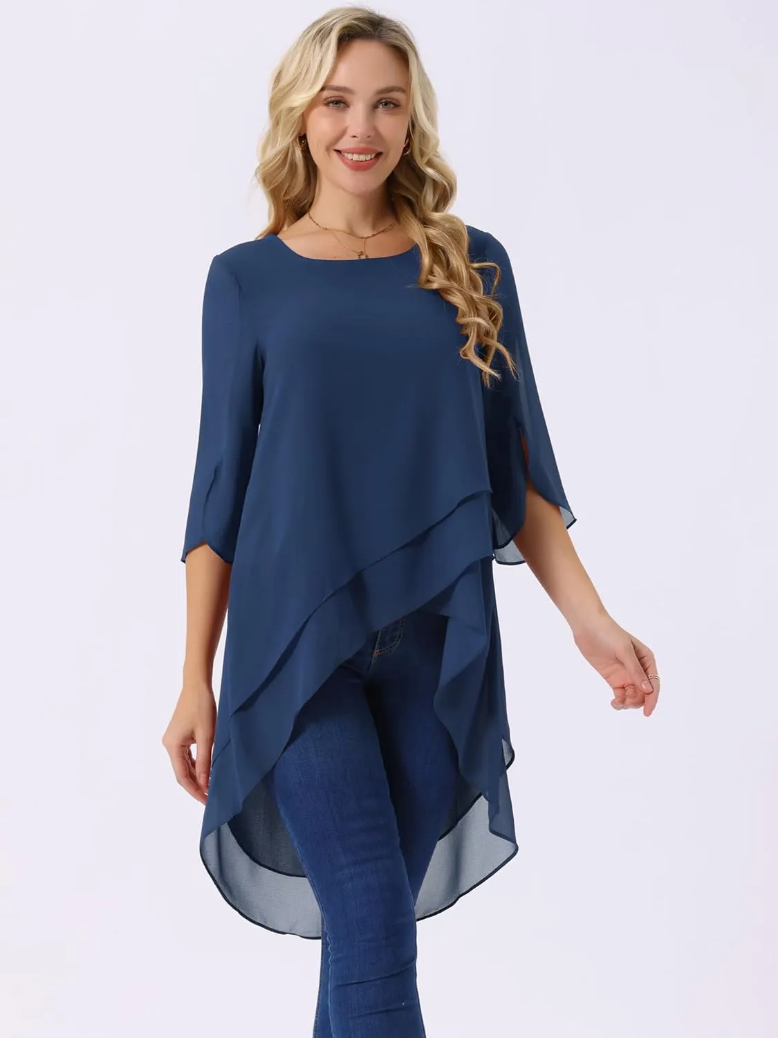 Seta T Women's High Low Tops Scoop Neck Chiffon Blouse Asymmetrical Loose Shirt 3/4 Sleeve Casual Summer Tops