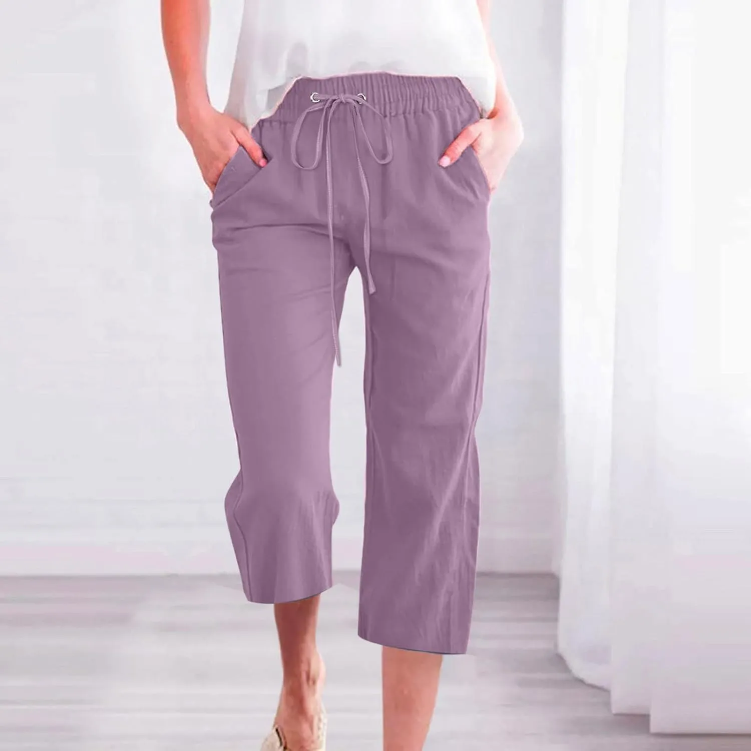 SMIDOW Capri Pants for Women Casual 2025 Summer Drawstring Elastic High Waist Linen Pant Straight Wide Leg Cropped Trouser