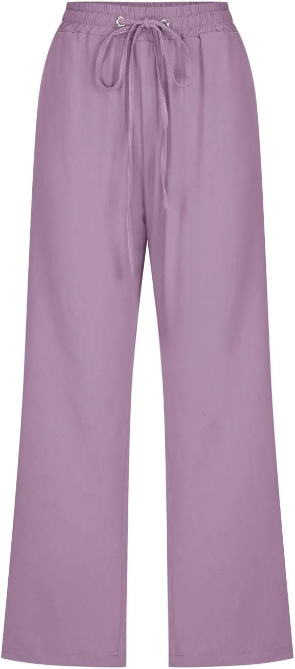 SMIDOW Capri Pants for Women Casual 2025 Summer Drawstring Elastic High Waist Linen Pant Straight Wide Leg Cropped Trouser