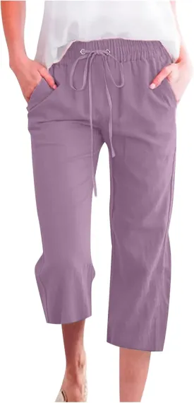 SMIDOW Capri Pants for Women Casual 2025 Summer Drawstring Elastic High Waist Linen Pant Straight Wide Leg Cropped Trouser
