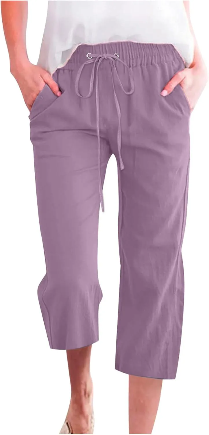 SMIDOW Capri Pants for Women Casual 2025 Summer Drawstring Elastic High Waist Linen Pant Straight Wide Leg Cropped Trouser