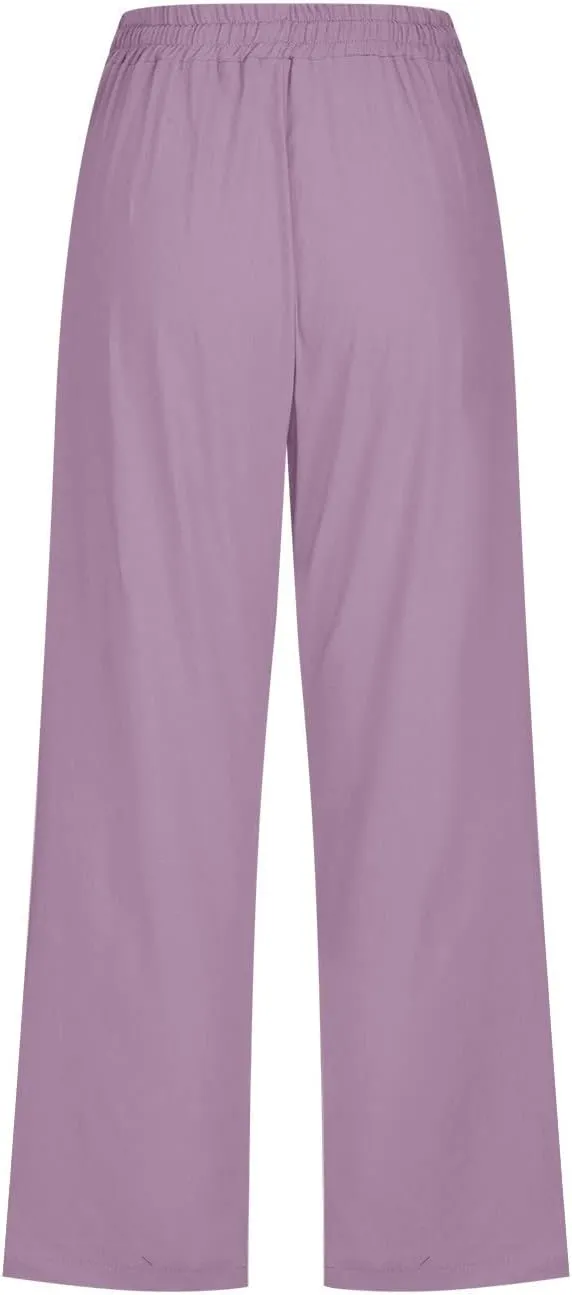 SMIDOW Capri Pants for Women Casual 2025 Summer Drawstring Elastic High Waist Linen Pant Straight Wide Leg Cropped Trouser