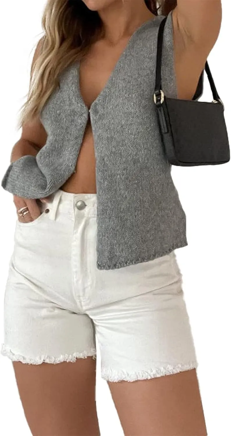 Sunloudy Knit Vest Tops for Women Sleeveless V Neck Button Down Sweater Vest Solid Color Crochet Tank Tops Streetwear