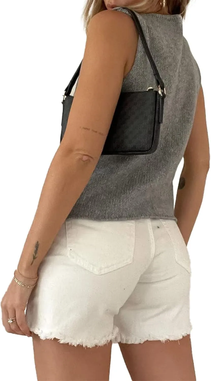 Sunloudy Knit Vest Tops for Women Sleeveless V Neck Button Down Sweater Vest Solid Color Crochet Tank Tops Streetwear