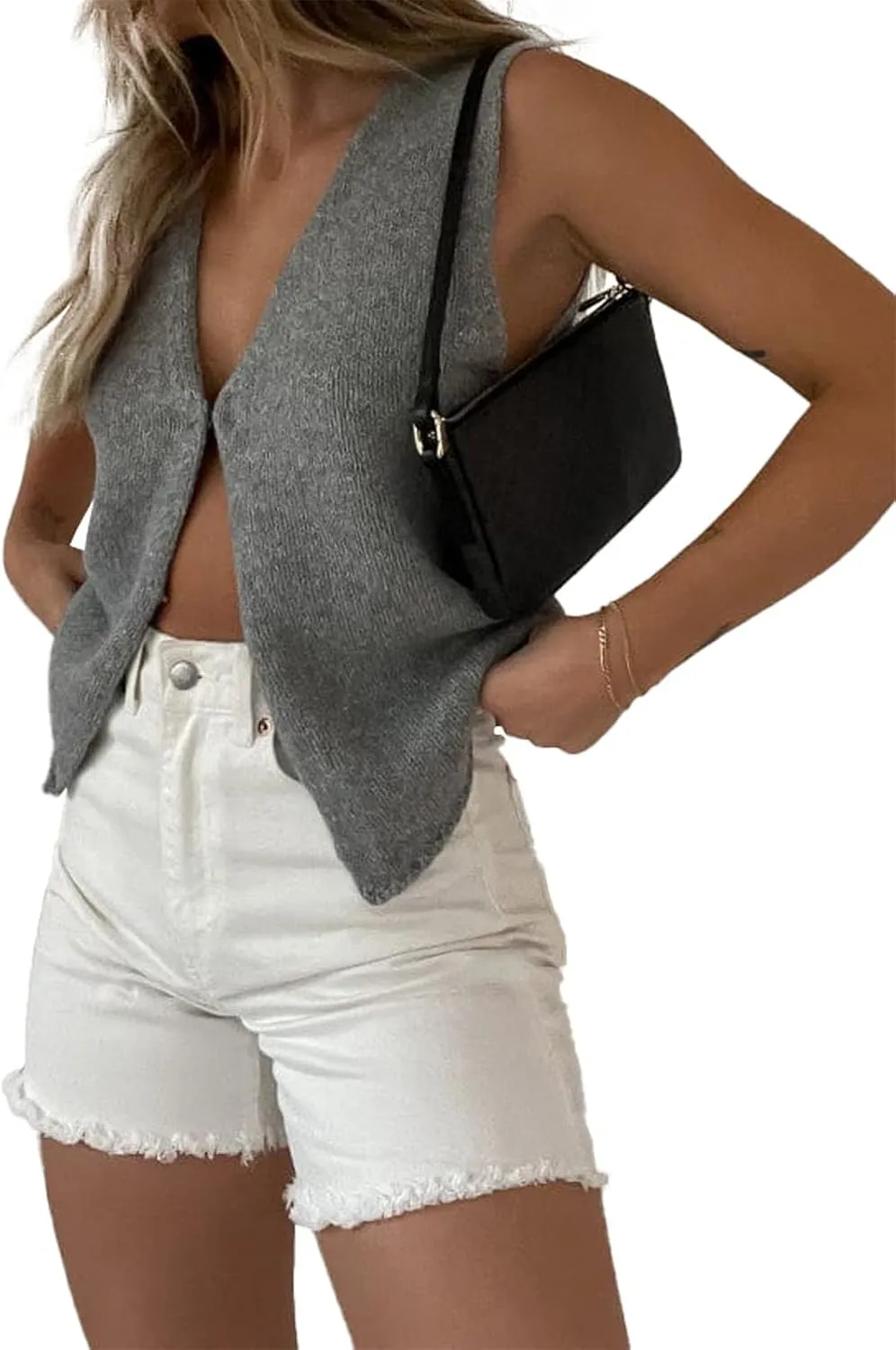 Sunloudy Knit Vest Tops for Women Sleeveless V Neck Button Down Sweater Vest Solid Color Crochet Tank Tops Streetwear