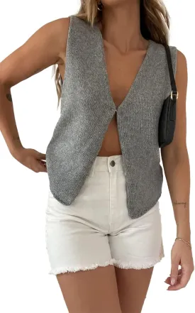 Sunloudy Knit Vest Tops for Women Sleeveless V Neck Button Down Sweater Vest Solid Color Crochet Tank Tops Streetwear