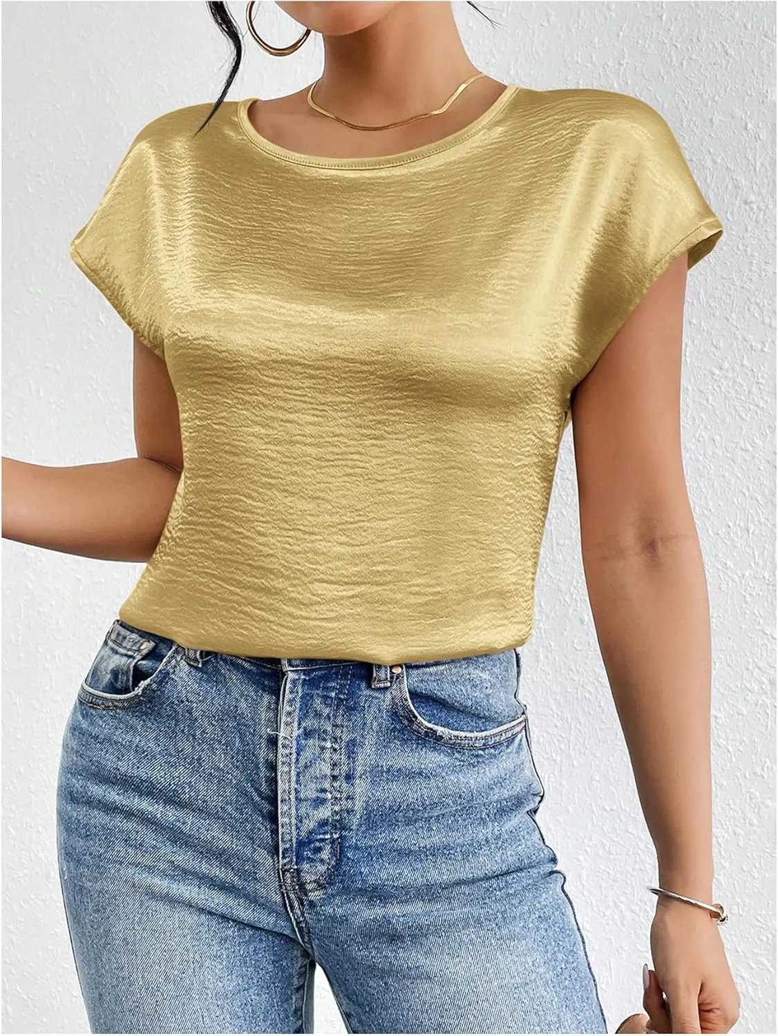 SweatyRocks Women's Crew Neck Satin Blouse Cap Short Sleeve Party Blouse Shirts Tops