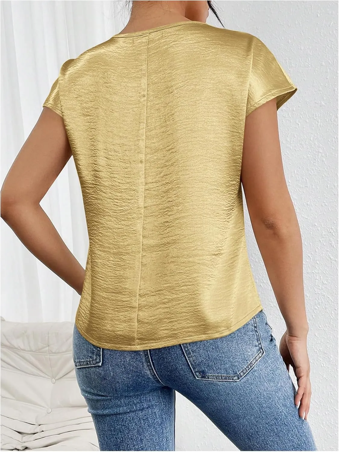 SweatyRocks Women's Crew Neck Satin Blouse Cap Short Sleeve Party Blouse Shirts Tops