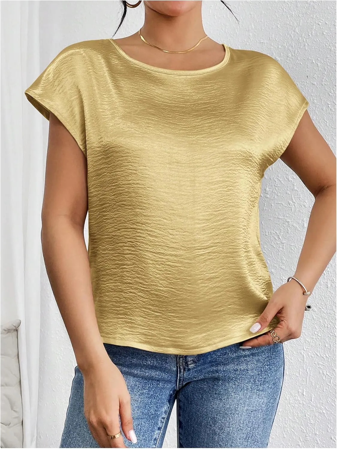 SweatyRocks Women's Crew Neck Satin Blouse Cap Short Sleeve Party Blouse Shirts Tops