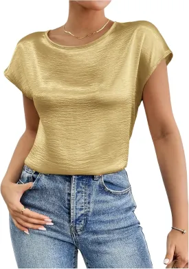 SweatyRocks Women's Crew Neck Satin Blouse Cap Short Sleeve Party Blouse Shirts Tops