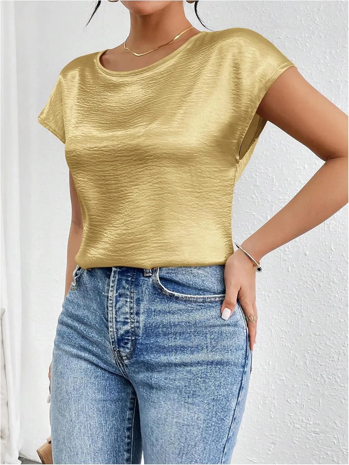SweatyRocks Women's Crew Neck Satin Blouse Cap Short Sleeve Party Blouse Shirts Tops