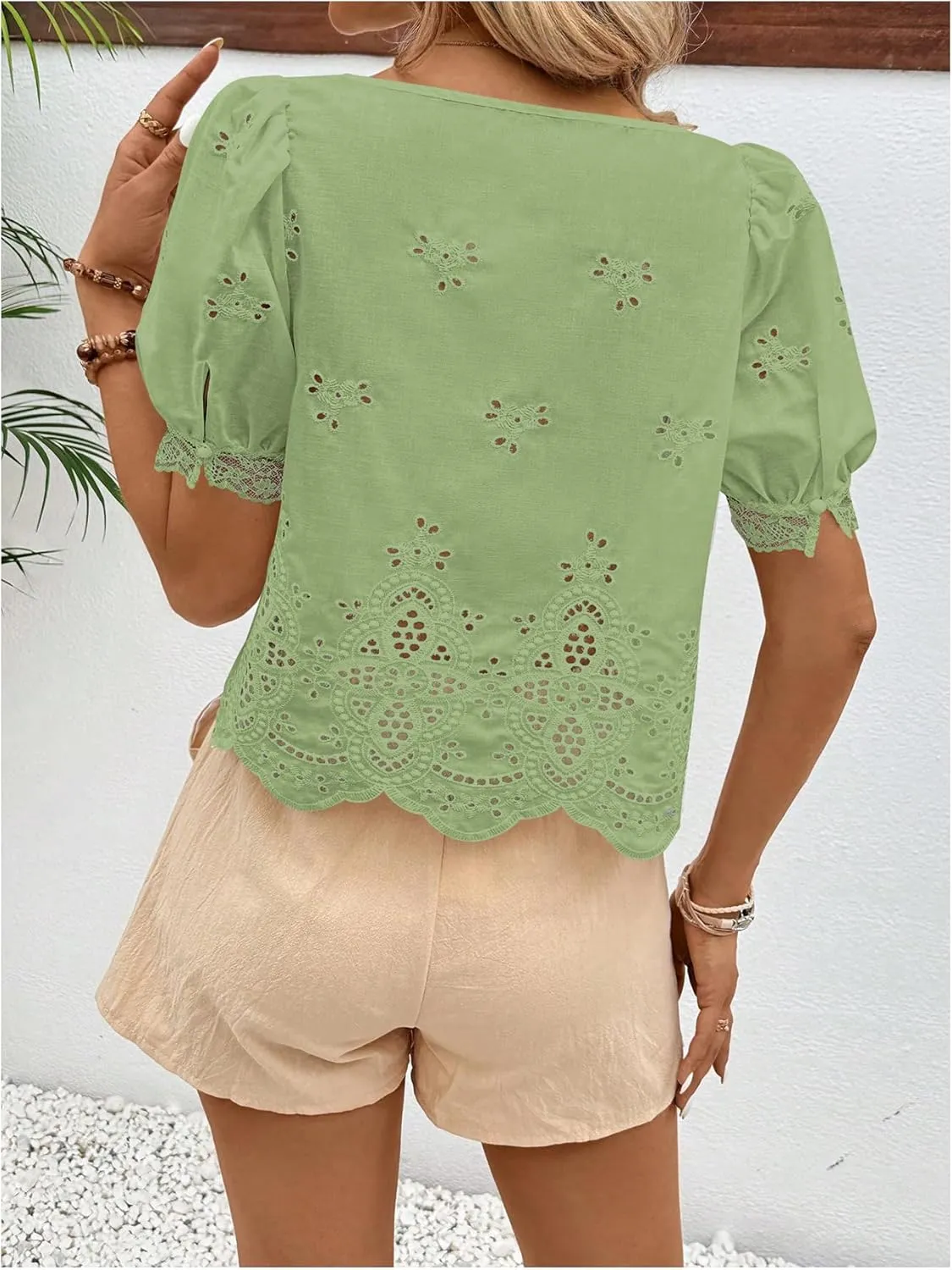 SweatyRocks Women's Square Neck Puff Sleeve Eyelet Lace Hollow Out Embroidered Top Blouse