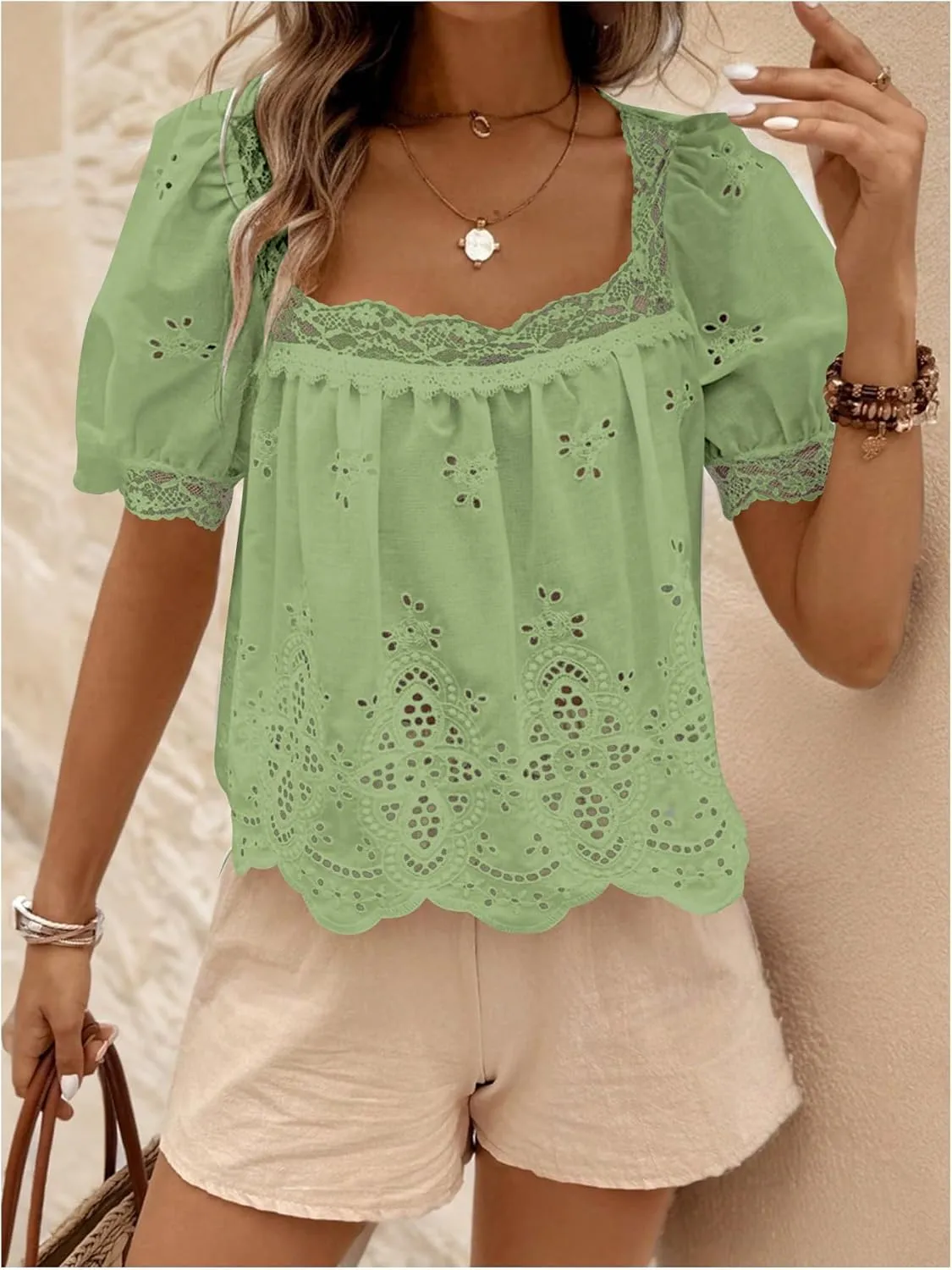 SweatyRocks Women's Square Neck Puff Sleeve Eyelet Lace Hollow Out Embroidered Top Blouse