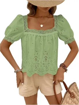 SweatyRocks Women's Square Neck Puff Sleeve Eyelet Lace Hollow Out Embroidered Top Blouse