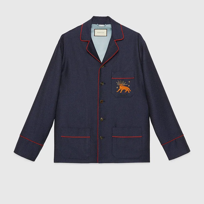 sz 50 NEW $2500 GUCCI Men's Blue WOOL Dots FELINE CAT EMBROIDERY Blazer JACKET