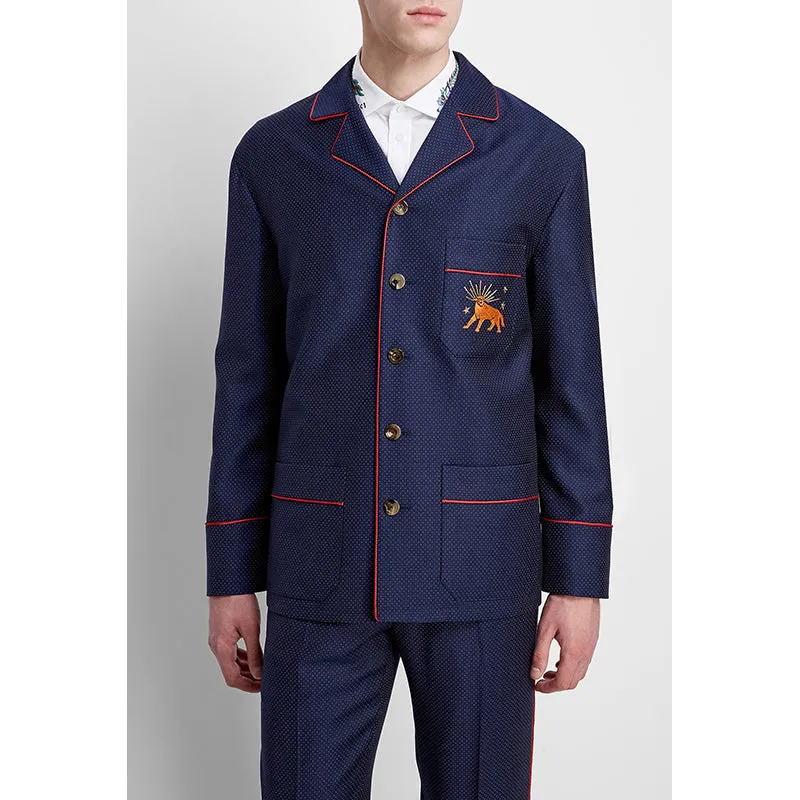 sz 50 NEW $2500 GUCCI Men's Blue WOOL Dots FELINE CAT EMBROIDERY Blazer JACKET