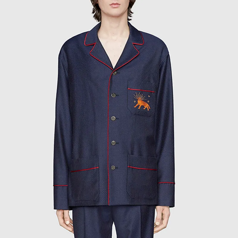 sz 50 NEW $2500 GUCCI Men's Blue WOOL Dots FELINE CAT EMBROIDERY Blazer JACKET