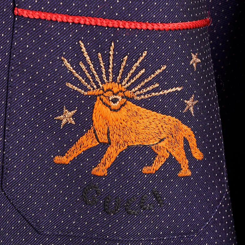 sz 50 NEW $2500 GUCCI Men's Blue WOOL Dots FELINE CAT EMBROIDERY Blazer JACKET