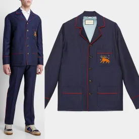 sz 50 NEW $2500 GUCCI Men's Blue WOOL Dots FELINE CAT EMBROIDERY Blazer JACKET