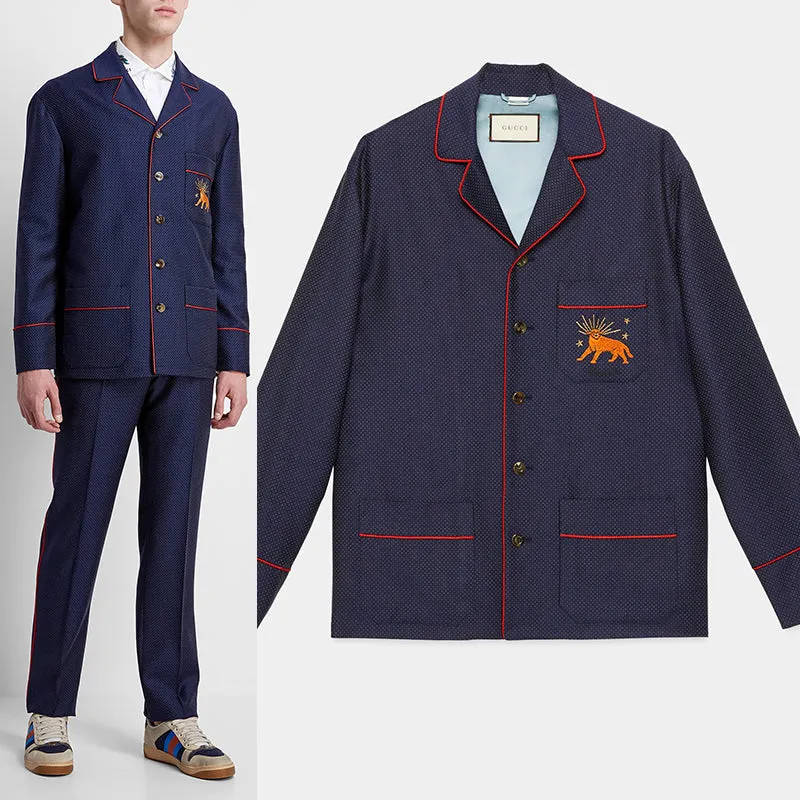 sz 50 NEW $2500 GUCCI Men's Blue WOOL Dots FELINE CAT EMBROIDERY Blazer JACKET