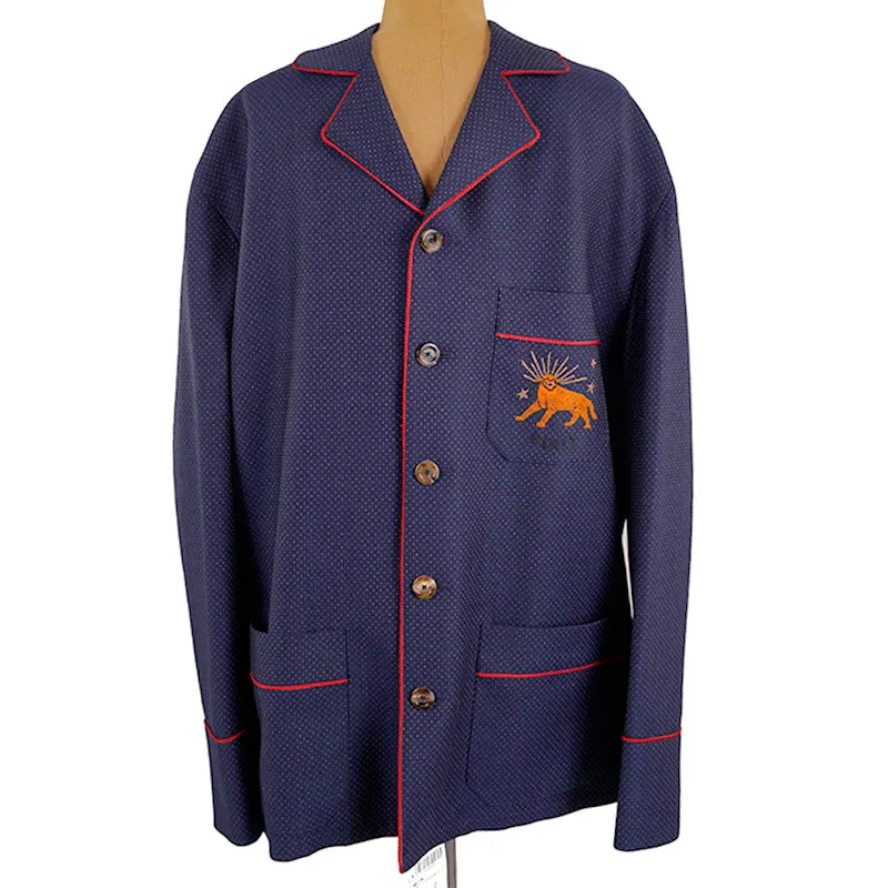 sz 50 NEW $2500 GUCCI Men's Blue WOOL Dots FELINE CAT EMBROIDERY Blazer JACKET