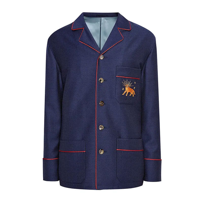 sz 50 NEW $2500 GUCCI Men's Blue WOOL Dots FELINE CAT EMBROIDERY Blazer JACKET