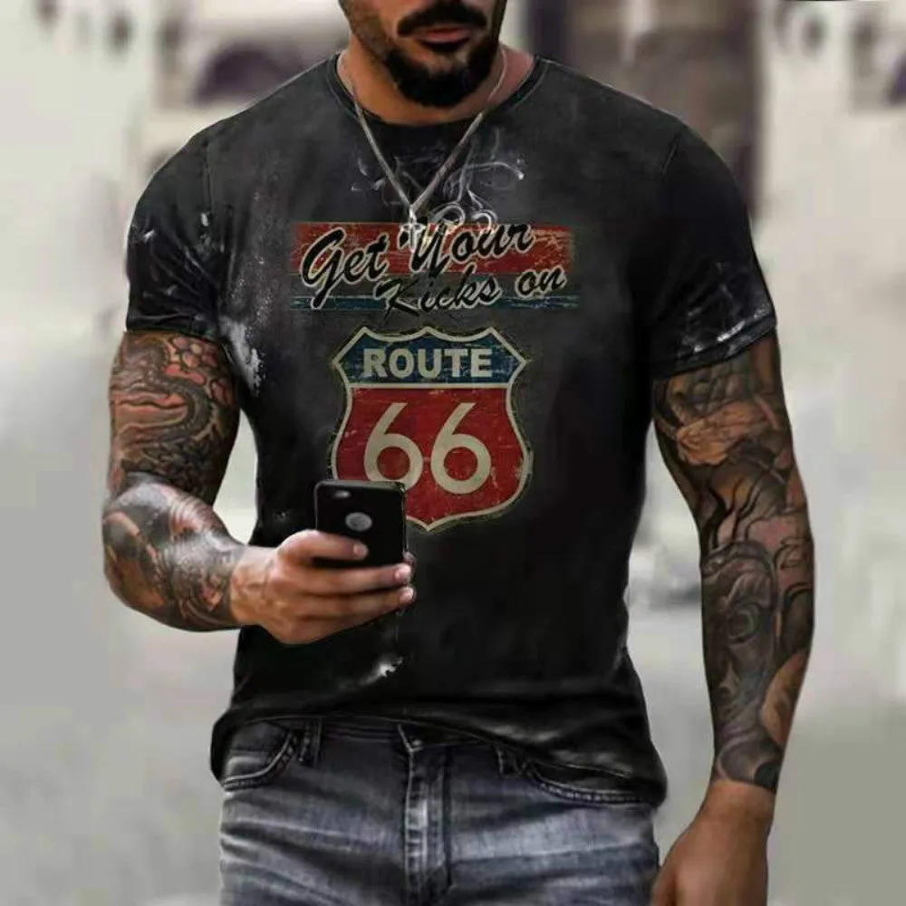 T-Shirt Homme décontracté été Vintage Route 66 imprimé Slim Pullover
