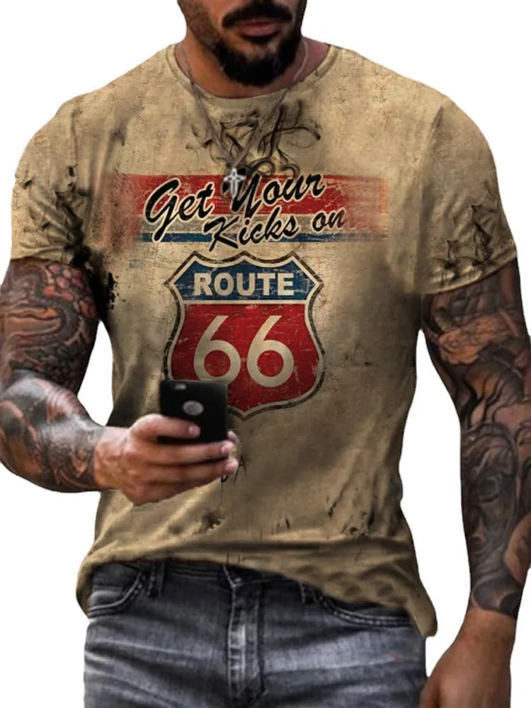 T-Shirt Homme décontracté été Vintage Route 66 imprimé Slim Pullover