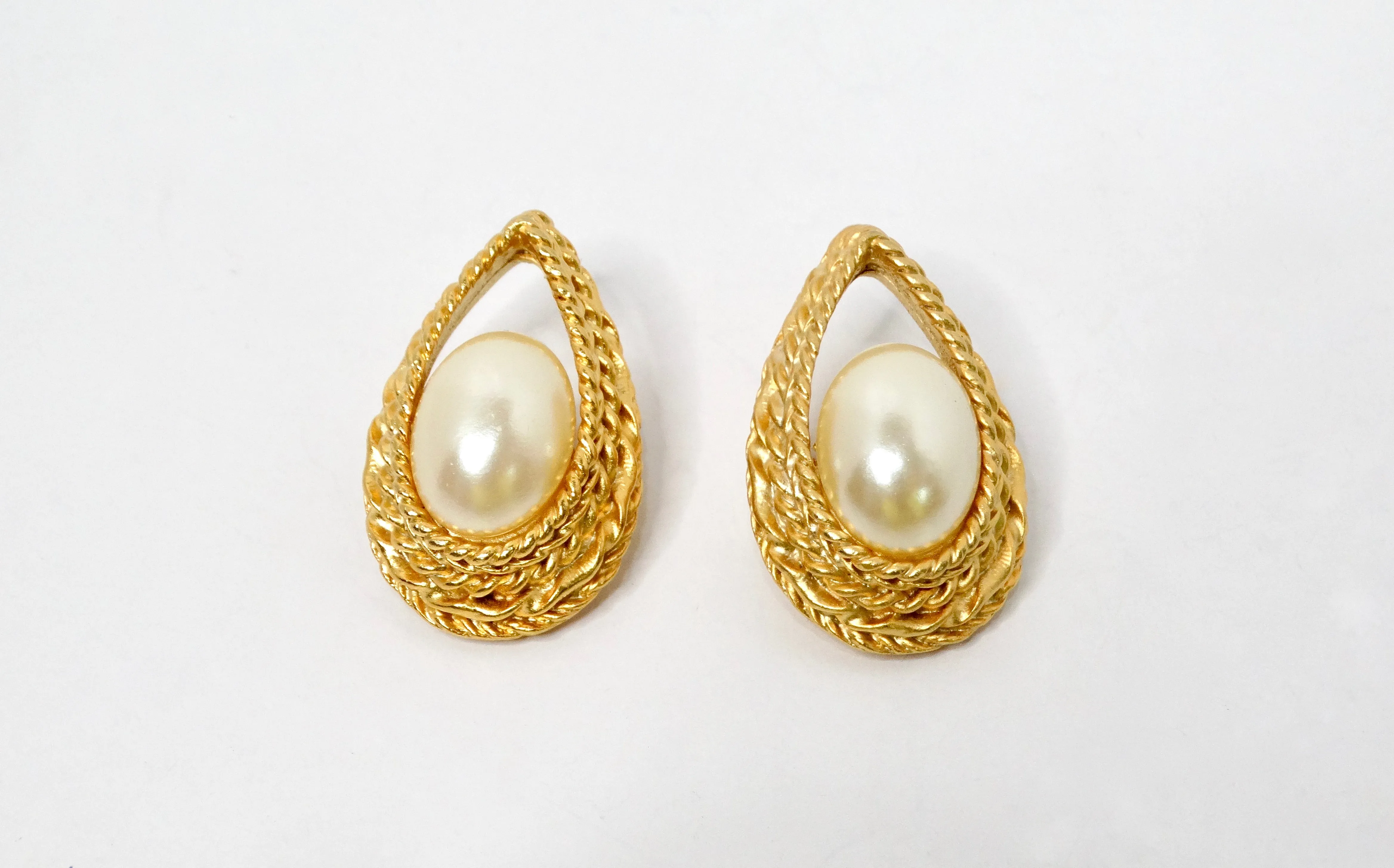 Tear Drop Pearl & Gold-Tone Layered Chain Clip-On Earrings