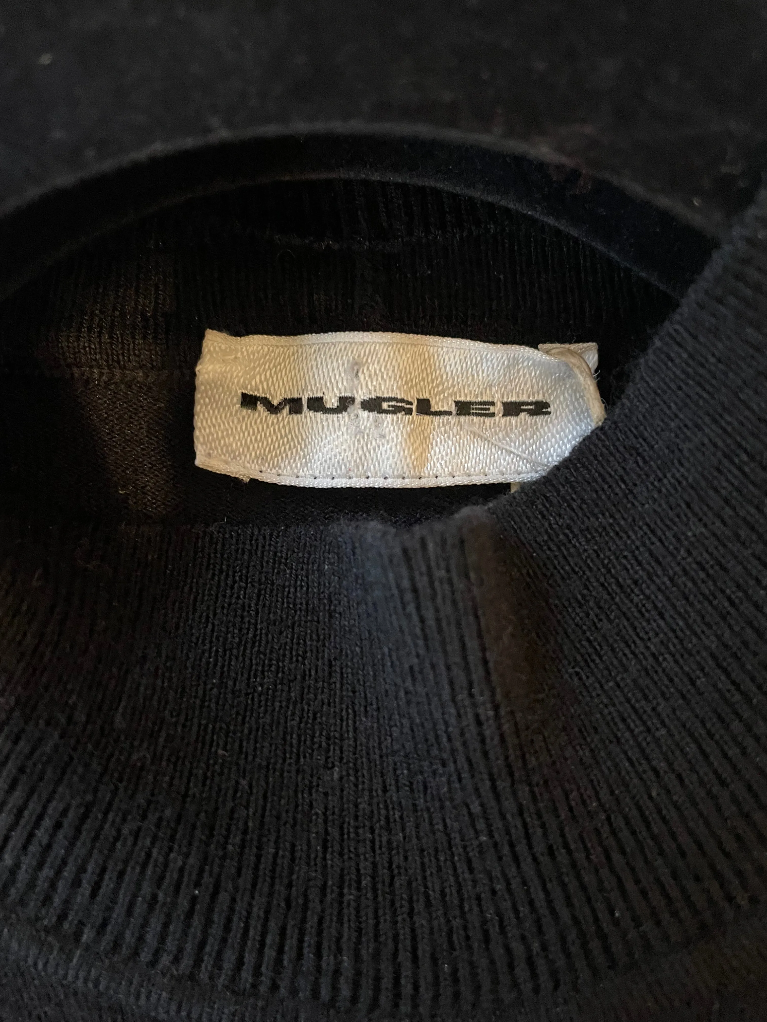 Thierry Mugler 90’s wool knit black and white  bodycon dress with zipper chest opening