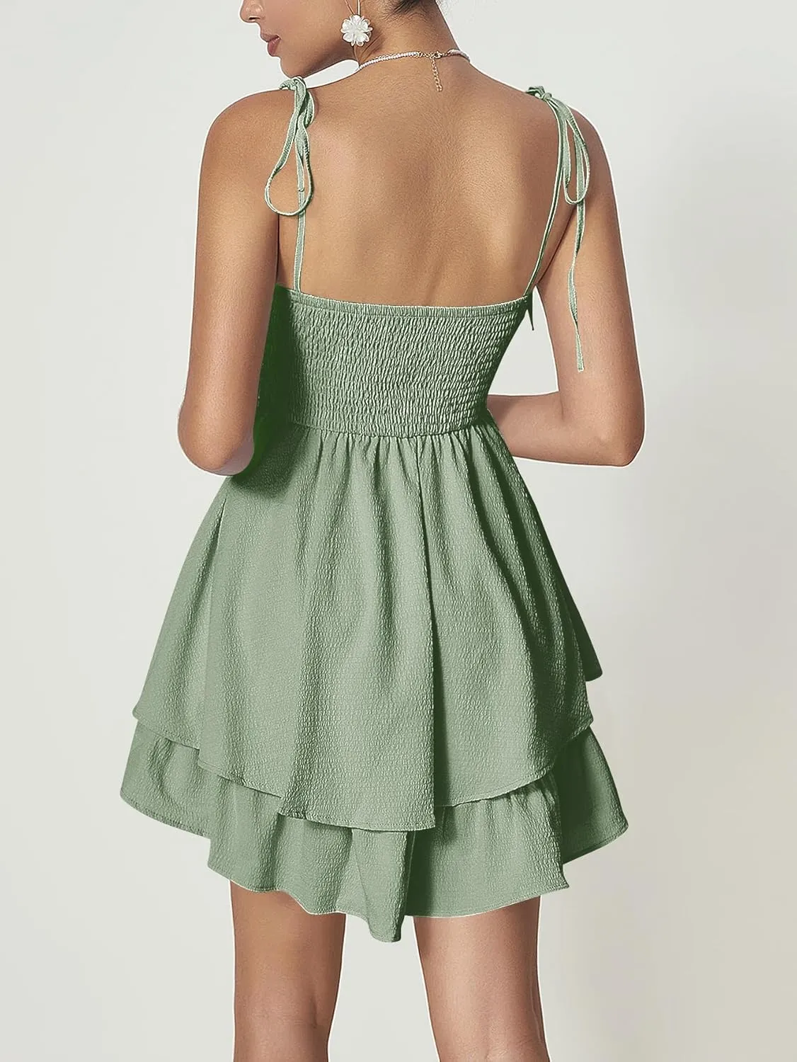 WDIRARA Women's Tie Shoulder Ruched Sleeveless Shirred Layered Ruffle Hem Cocktail Party Cami Dress