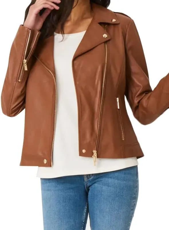 WEAR&ONE'S Women's Brown Biker Genuine Sheepskin Slim Fit Asymmetric Zipper Casual Wear Motorcycle Real Leather Jacket